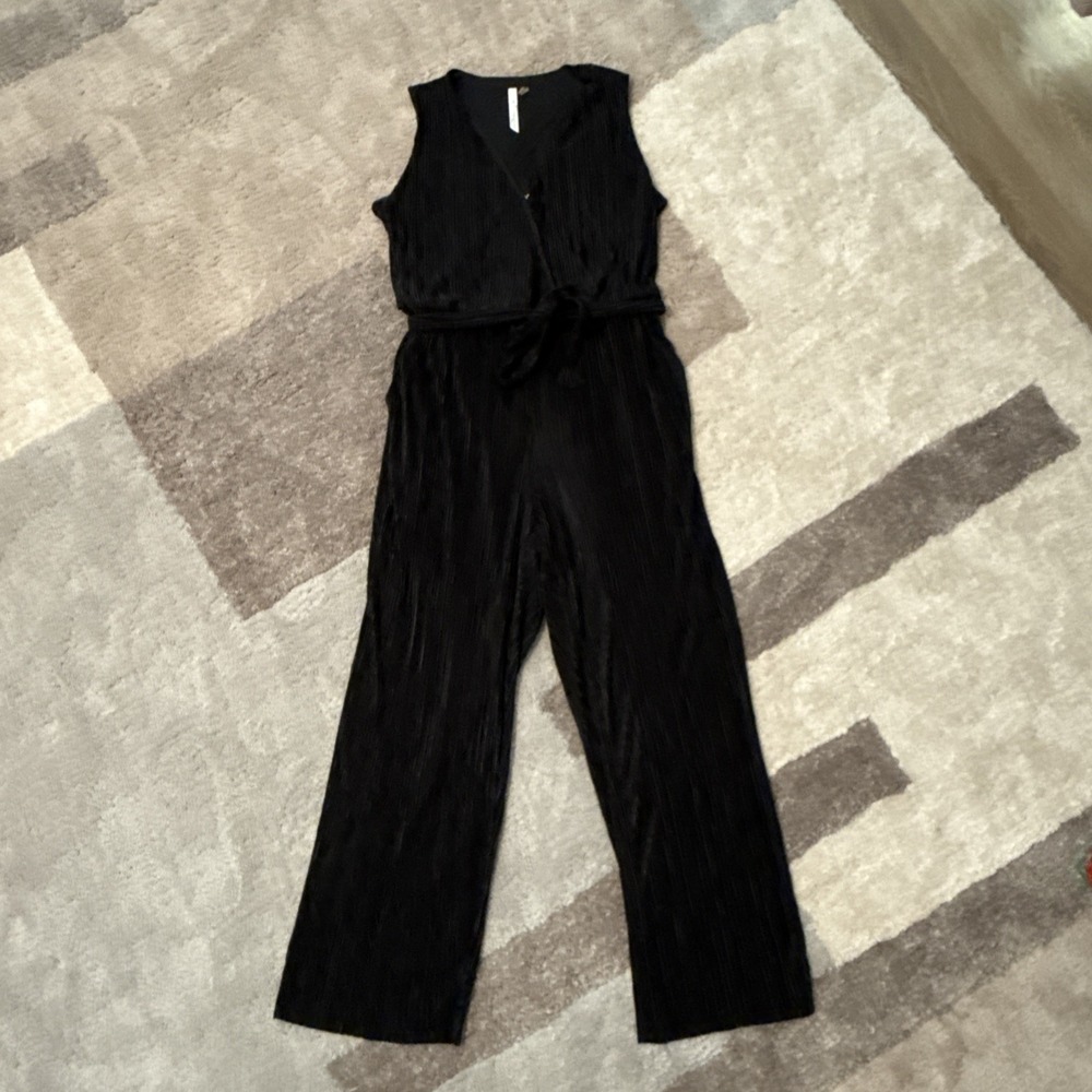 NY Collection Women Jumpsuit‎ SZ 2X Sleeveless With Pockets Black Textured Roomy